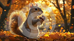Adorable Squirrel Holding Nuts In Autumn Woods