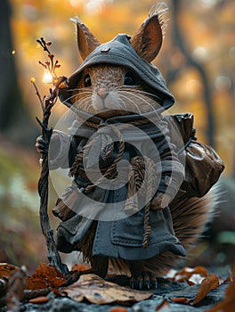 Adorable squirrel in a warrior costume holding a wooden stick, AI-generated.