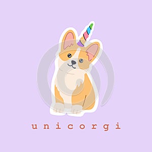 Adorable sticker of kawaii corgi unicorn with colourful rainbow horn