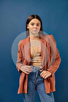 adorable stylish adolescent girl in brown