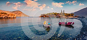 Adorable summer view of Purpose or Double beach with two fishing boats, Kotronas town location