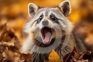 Adorable surprised raccoon in captivating wildlife portrait, expressing curiosity and amazement