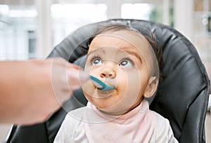 Adorable, sweet and cute baby eating puree for lunch, dinner or snack in her high chair at home. Child development, food