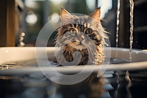 Adorable tabby cat lounging in a white bathtub, AI-generated.