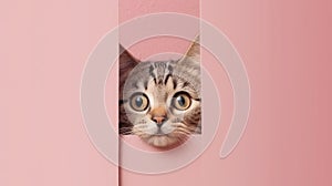 Adorable Tabby Cat Peeking Out Behind Pink Wall