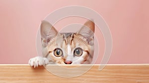 Adorable Tabby Cat Peeking Out Behind Pink Wall