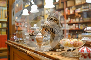 Adorable Tabby Cat Playing with Miniature Fake Cupcakes in a Whimsical Sweet Shop Setting