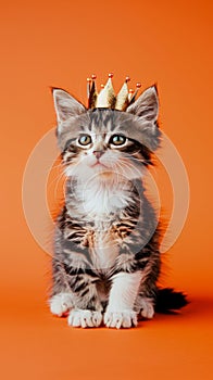 Adorable tabby kitten in golden crown on orange background. Kingsday celebration in the Netherlands concept