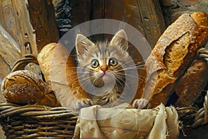 Adorable Tabby Kitten Peeking Out from a Basket Surrounded by Freshly Baked Bread Loaves