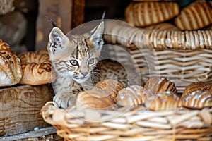 Adorable Tabby Kitten Resting in Wicker Basket Surrounded by Freshly Baked Croissants in Rustic Bakery Setting