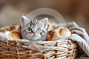 Adorable Tabby Kitten Resting in a Wicker Basket With Warm Bread, Cute Feline in Cozy Home Setting