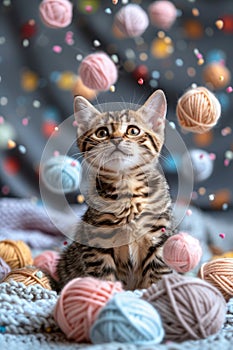 Adorable Tabby Kitten Surrounded by Colorful Yarn Balls on a Cozy Knitted Blanket with Bokeh Background