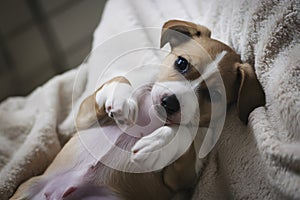 Adorable tan and white puppy cuddles in cozy indoor scene photo