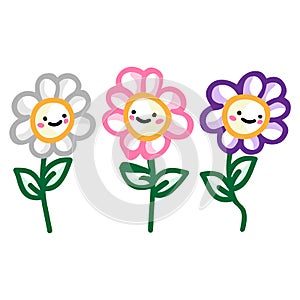 Adorable three daisy flower with kawaii expression clipart. Cute plant icon. Hand drawn bloom with face motif illustration doodle