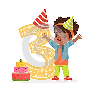 Adorable three year old girl celebrating her birthday, colorful cartoon character vector Illustration