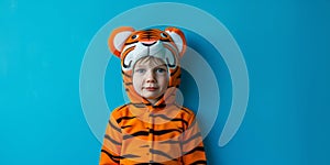 Adorable Tiger-Clad Halloween Boy Poses Against Blue Backdrop