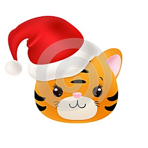 Adorable Tiger Head with Santa Hat. 2022 New Year Symbol. Cartoon style