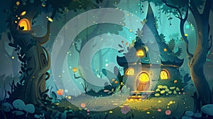 An adorable tiny gnome or elf house in a forest with green trees and neon-glow flowers and plants. A cartoon fairytale