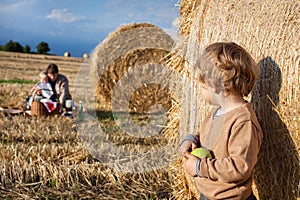 Adorable toddler with apple on golden field