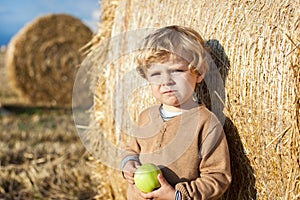 Adorable toddler with apple on golden field