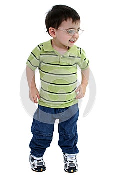 Adorable Toddler Boy In Glasses Over White