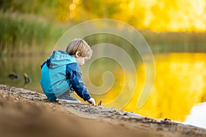 Adorable toddler boy having fun by the Gela lake on sunny fall day. Child exploring nature on autumn day in Vilnius, Lithuania