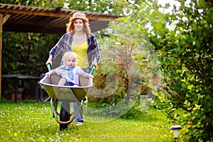 Adorable toddler boy having fun in a wheelbarrow pushing by mum in domestic garden