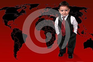 Adorable Toddler Boy In Suit Standing On The World