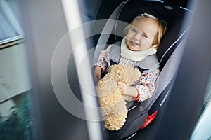 Adorable toddler girl in modern car seat with her favorite stuffed toy