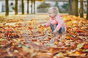 Adorable toddler girl picking fallen leaves in Tuileries garden in Paris, France