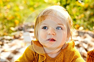 Adorable toddler girl sitting on the ground and having picnic in autumn park. Happy kid enjoying fall day. Outdoor activites for