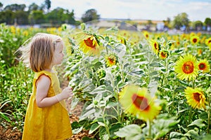 Adorable toddler girl on sunflower field