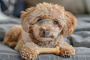 Adorable toy poodle playing with a bone in a cozy setting