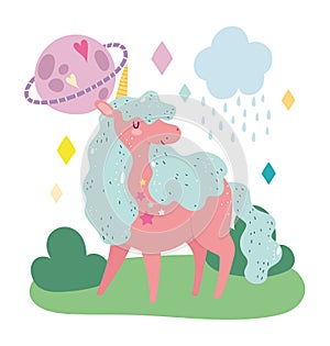 Adorable unicorn magic fantasy planet cloud rain landscape cartoon