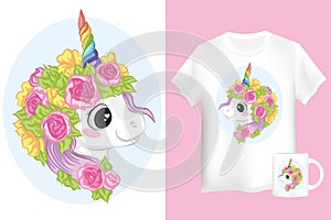 Adorable unicorn with pink and yellow flower. Mock up shirt and mug with unicorn cartoon character