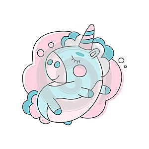 Adorable unicorn sleeping on cloud. Line icon with pink