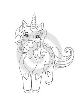 Adorable unicorn, very simple, white background, thick lines.