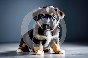Adorable Unidentified Breed Puppy Sitting on floor, Cute Dog Looking Curiously at Camera