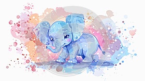 Adorable watercolor baby elephant on colorful abstract background. Playful elephant in splash of colors. Concept of