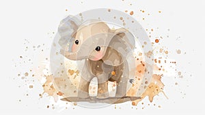 Adorable watercolor baby elephant on colorful abstract background. Playful elephant in splash of colors. Concept of