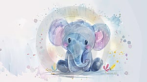 Adorable watercolor baby elephant on colorful abstract background. Playful elephant in splash of colors. Concept of