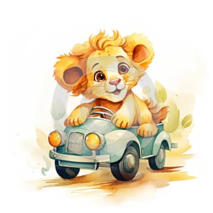 Adorable Watercolor Baby Lion Driving a Car Clipart on White Background AI Generated
