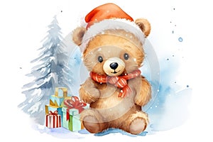 Adorable watercolor Christmas cub bear in Santa hat with festive gifts in a snowy pine forest. Festive New Year