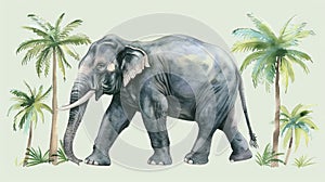 Adorable watercolor elephant on colorful abstract nature background. Elephant art. Concept of aquarelle illustration