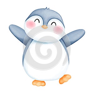 Adorable watercolor happy penguin illustration. Charming winter penguin clipart