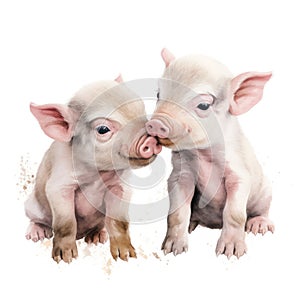 Adorable Watercolor Illustration of Two Baby Piggies Kissing on a White Background AI Generated