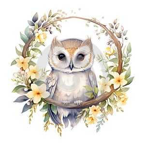 Adorable Watercolor Owlet Perched Amidst Nightblooming Jasmine AI Generated photo