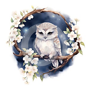 Adorable Watercolor Owlet Perched Amidst Nightblooming Jasmine Under a Crescent Moon AI Generated photo