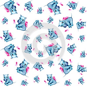 Adorable watercolor pattern with fairy hippo illustration with white background, high resolution pattern can be printed on fabrics