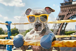 Adorable Weinerman Dog Boxing on Eiffel Tower Ring
